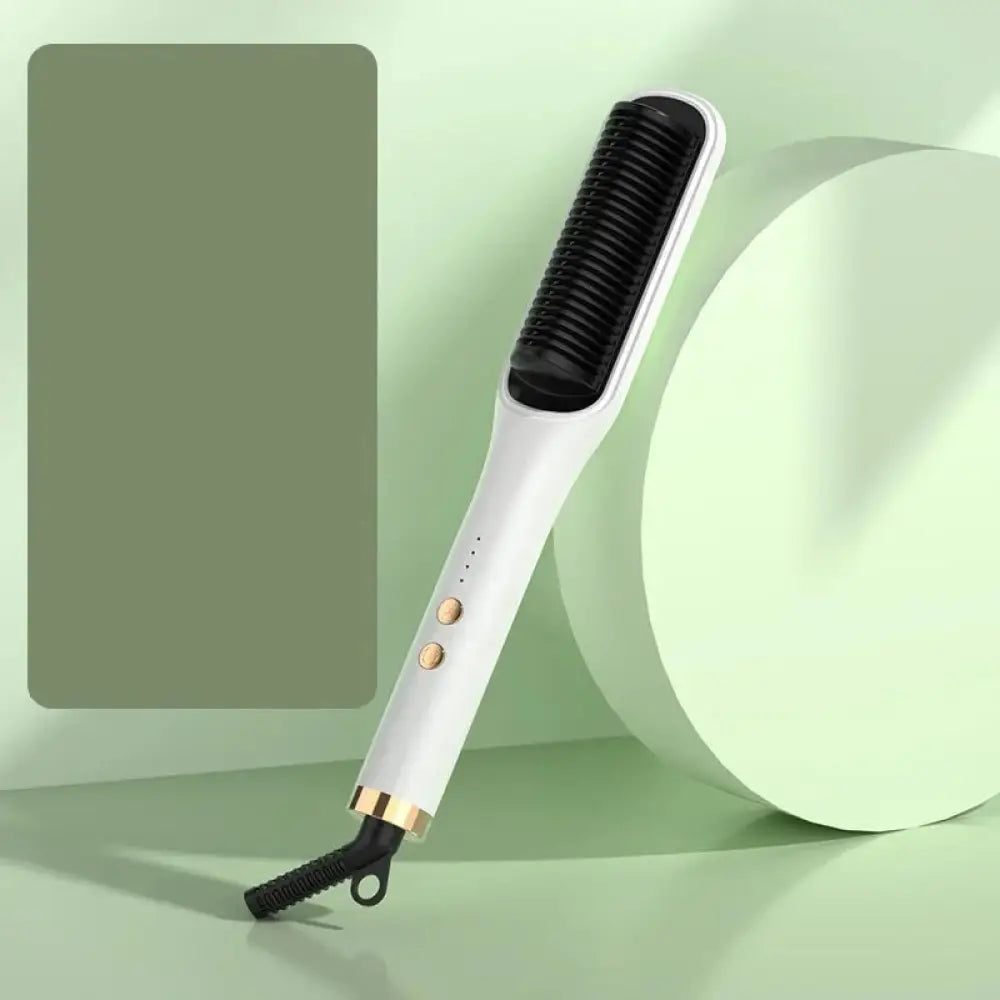 Anion negative ion white and gold hair straightener with a black comb-like plate for styling and curling hair