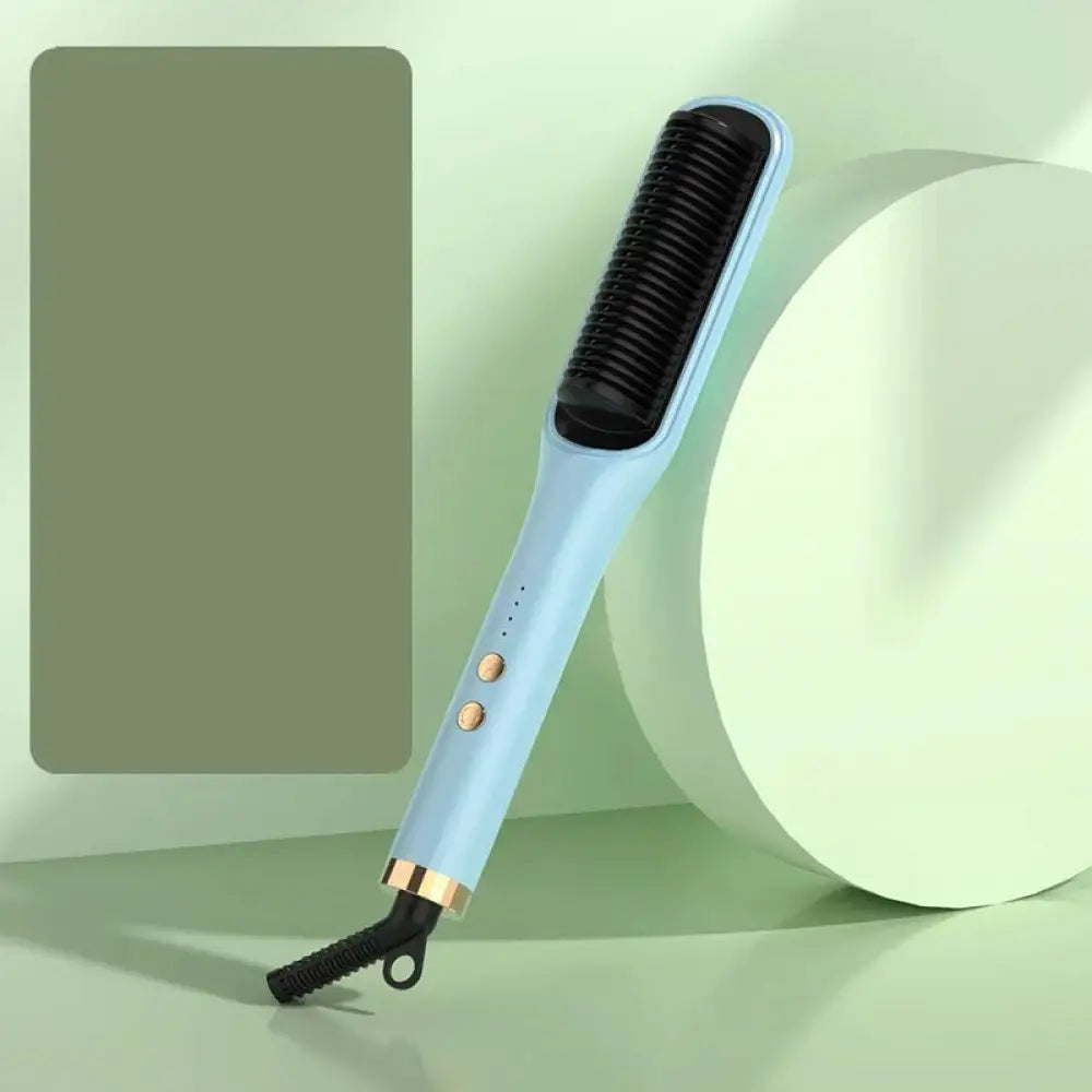 Light blue anion negative ion hair straightener and curler comb with black bristles and gold accents for styling