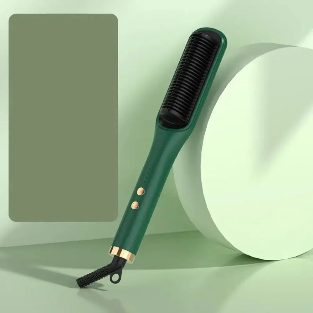 Anion negative ion hair straightener and curler comb with green body, black bristles, and gold accents