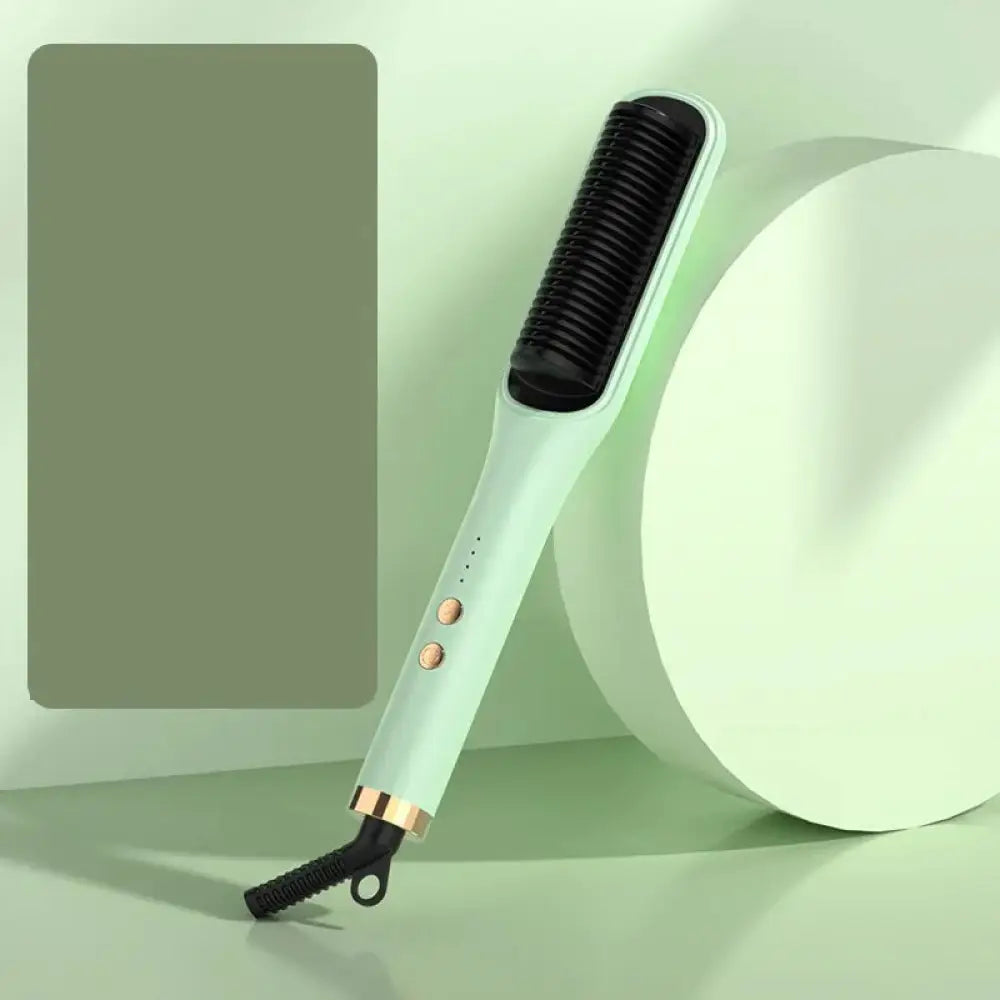 Mint green anion negative ion hair straightener and curler comb with black bristles and gold accents for styling