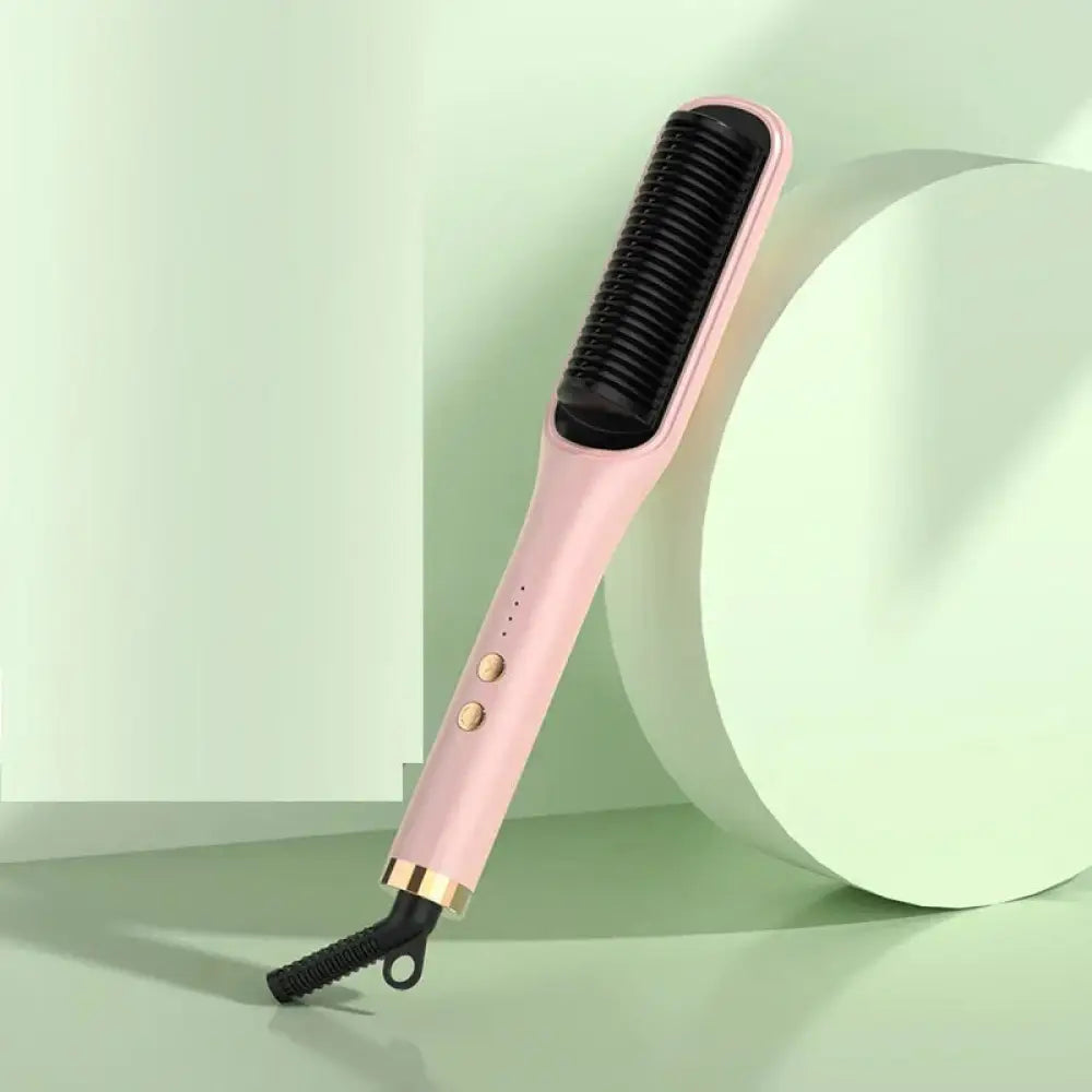 Anion negative ion hair straightener and curler comb with pink body black bristles and gold accents for styling