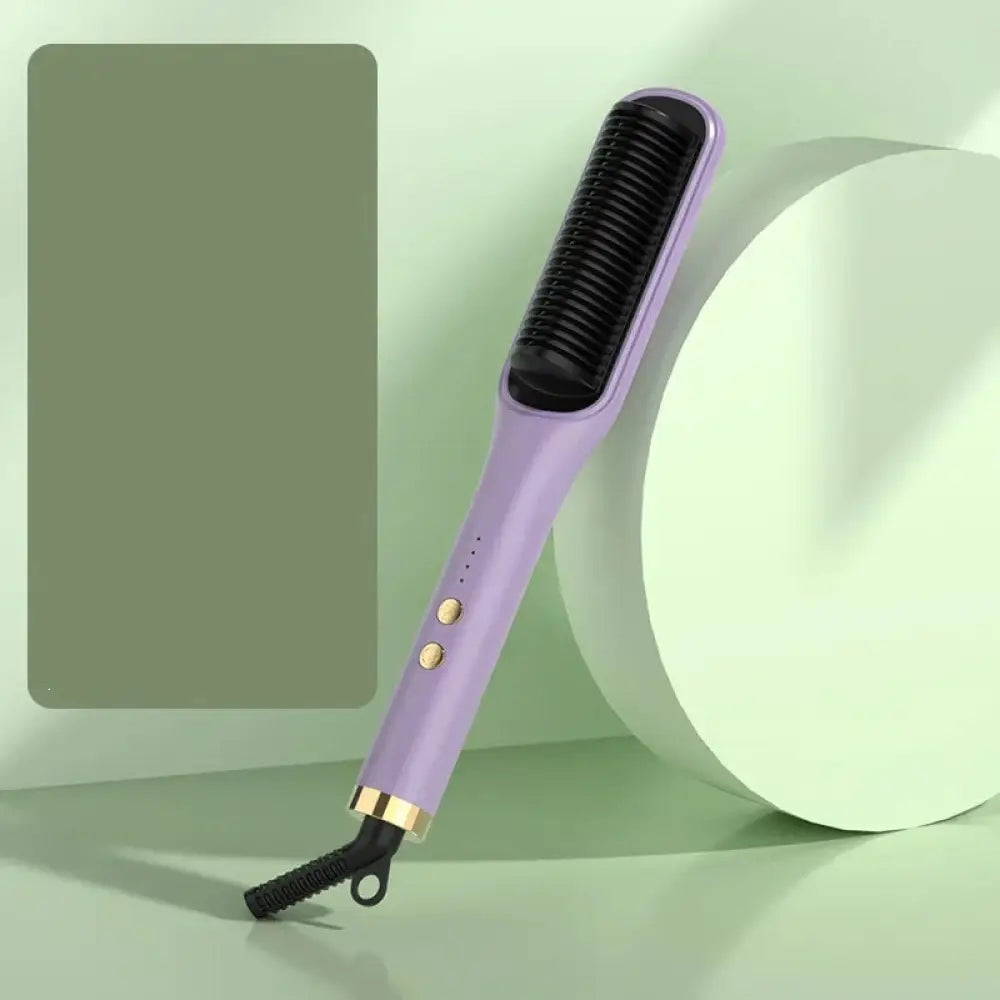 Anion negative ion hair straightener and curler comb in purple with black bristles and gold accents