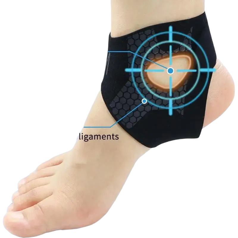 Black breathable ankle brace with honeycomb pattern and circular design for joint stabilization and sports support sleeve