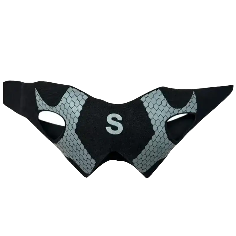 Black and gray mesh-patterned face mask with central s logo designed for athletic use shown alongside ankle brace breathable sports support sleeve