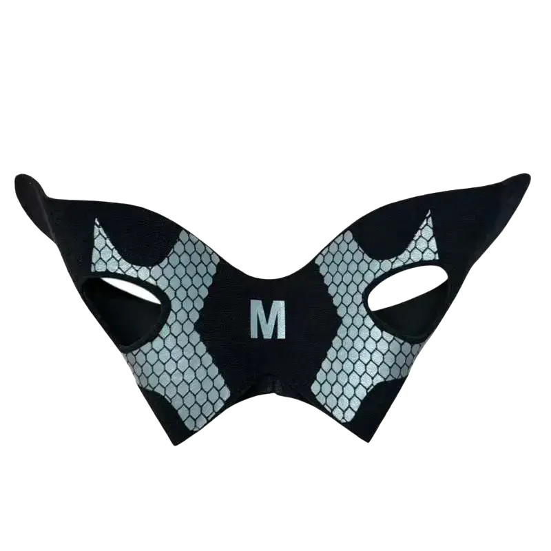Black and silver mesh-patterned ankle brace with pointed ear-like extensions and central m logo for ankle support