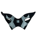 Black and silver mesh-patterned ankle brace with pointed ear-like extensions and central m logo for ankle support
