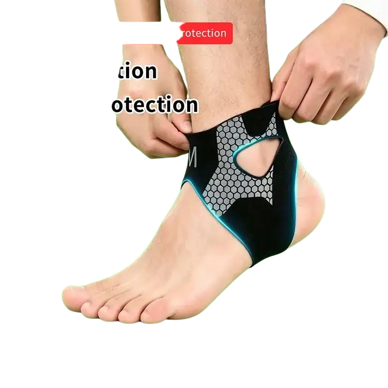 Black and teal honeycomb patterned ankle brace with breathable mesh fabric for sports support and protection