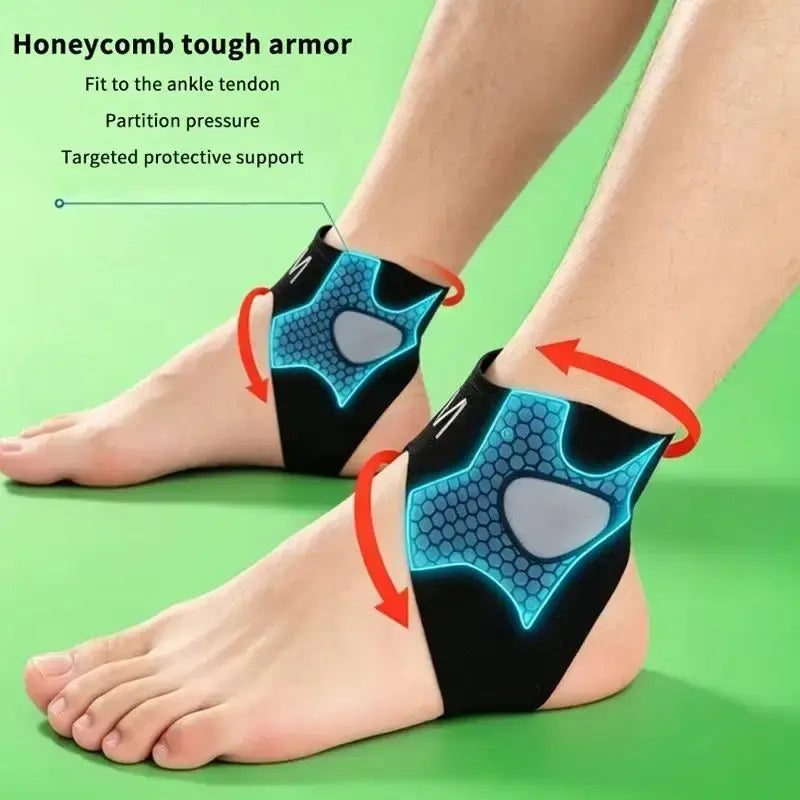 Blue and black honeycomb-patterned breathable ankle brace with a sleek athletic design for sports support sleeve
