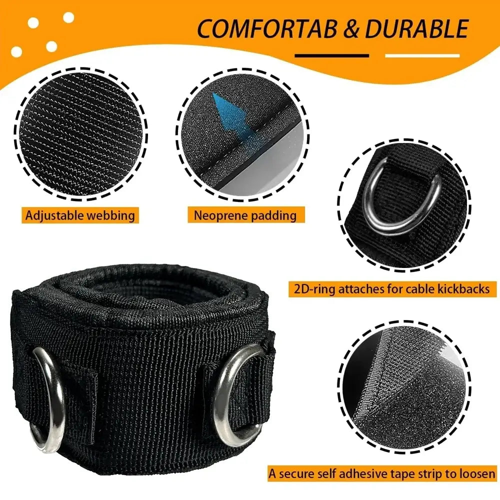 Black adjustable ankle strap with neoprene padding and silver metal d-rings for gym accessories cable machine use