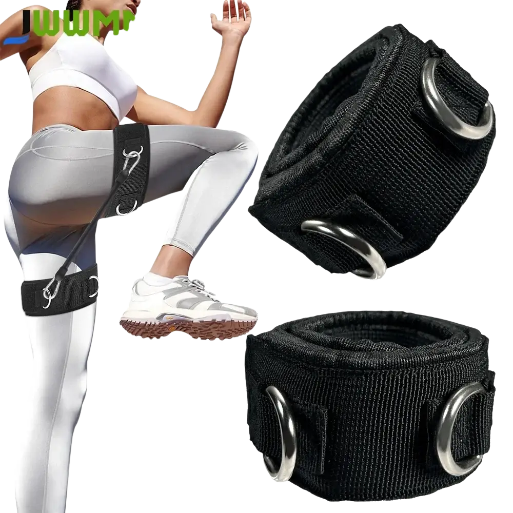 Black fabric ankle strap with silver metal rings and adjustable straps for cable machine gym accessories and ankle cuffs