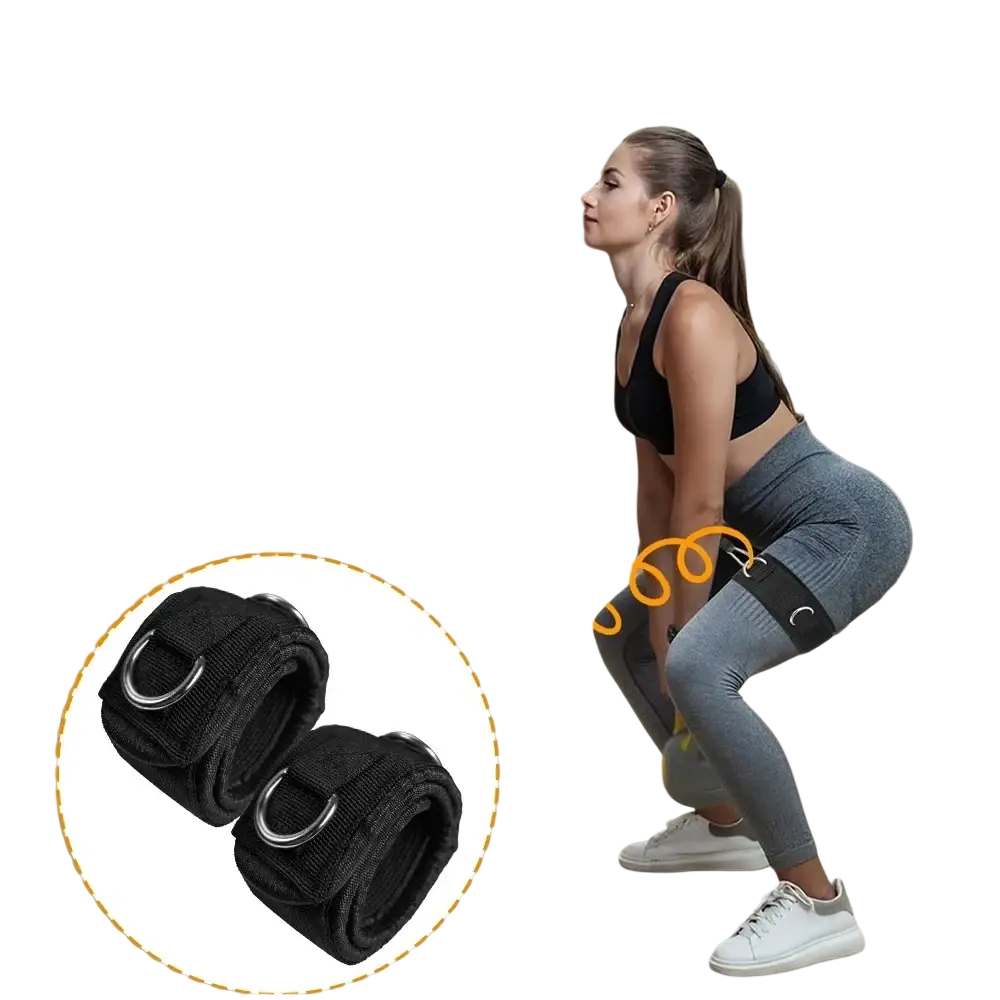 Black fabric ankle strap cuffs with metal d-rings for cable machine gym accessories ideal for leg workouts