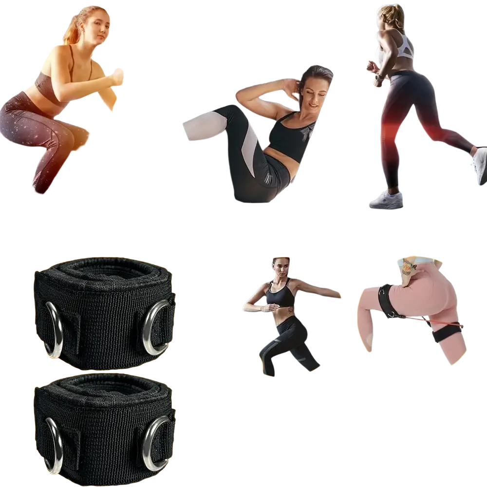 Black fabric ankle strap with metal d-rings designed for leg workouts and ankle cuffs in cable machine gym accessories