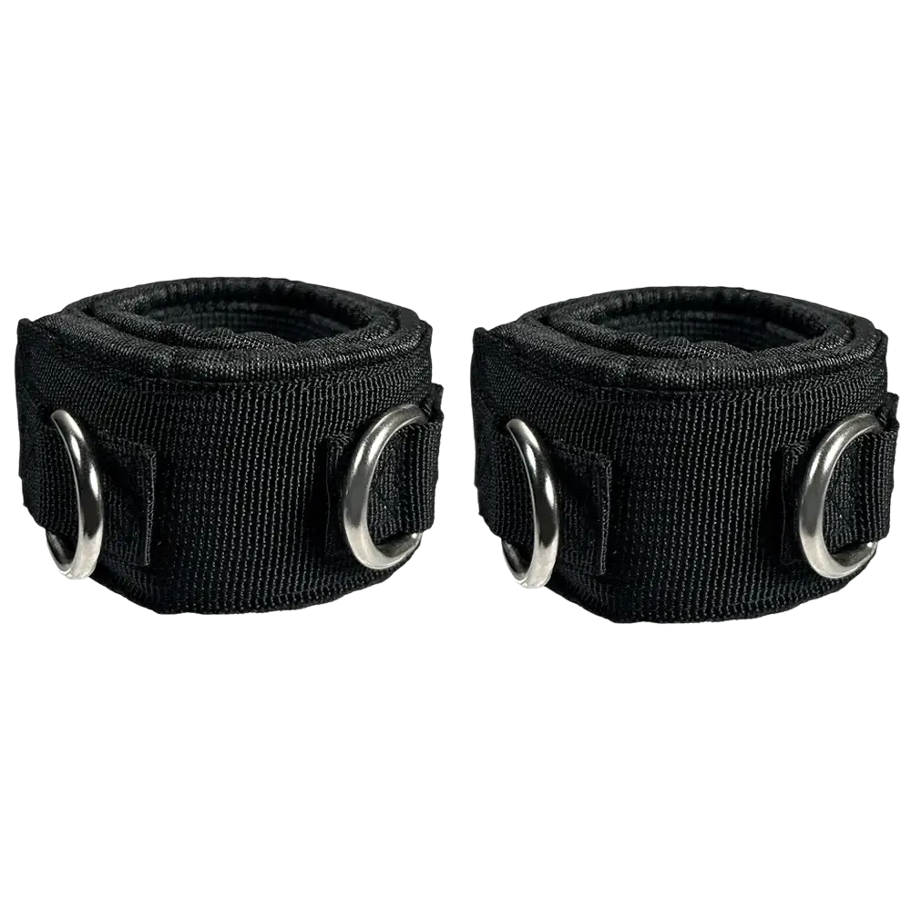 Black fabric ankle strap cuff with silver metal rings for leg workouts and cable machine gym accessories