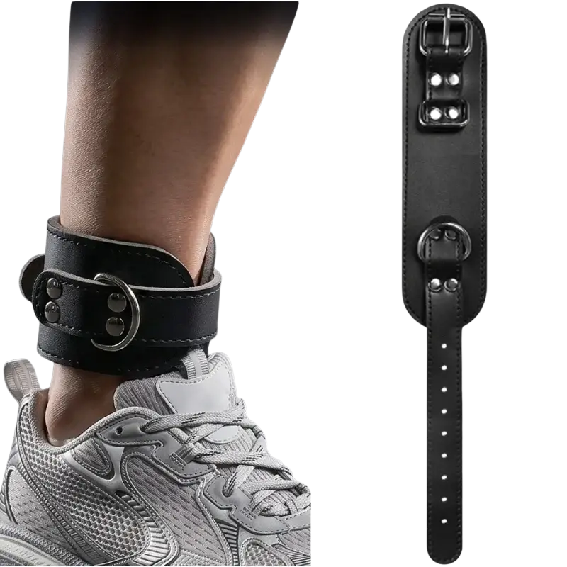 Black leather ankle strap with silver metal hardware and adjustable buckle for cable machine strength training