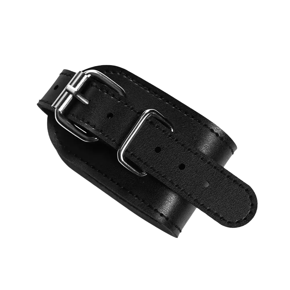 Black leather ankle strap with silver metal buckle and adjustable strap for cable machine strength training