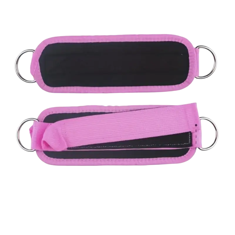 Pink ankle straps with black padded interiors and metal d rings for fitness use 2 pcs set