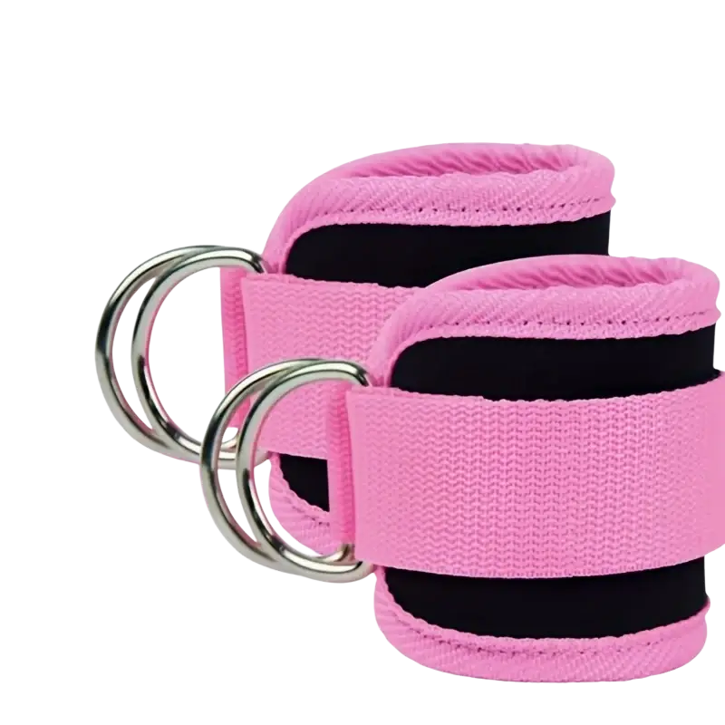 Pink and black padded ankle straps with silver d rings for fitness use set of 2 pieces