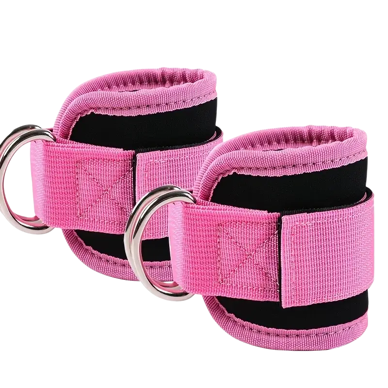 Padded pink and black fabric ankle straps with silver metal d rings for fitness use 2 pcs set