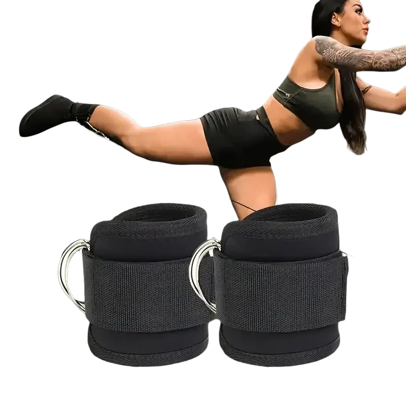 Black neoprene ankle straps with silver d ring handles padded fitness support in pink 2 pcs set