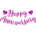 A sparkling pink glitter anniversary banner party decoration sign with happy anniversary text and heart-shaped accents