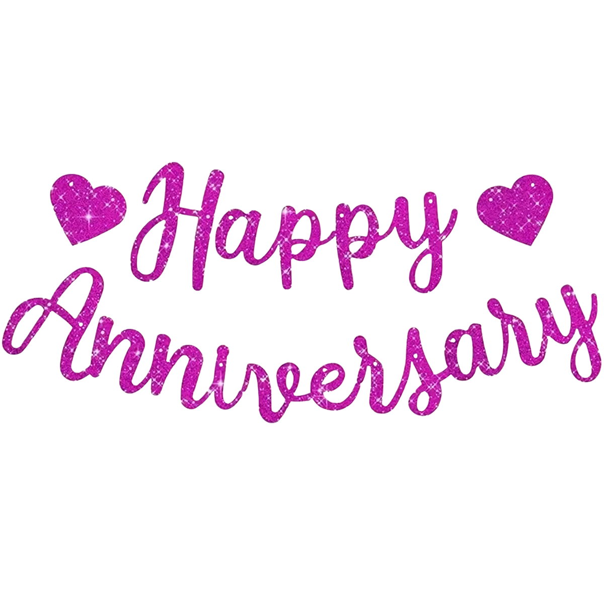 A sparkling pink glitter anniversary banner party decoration sign with happy anniversary text and heart-shaped accents