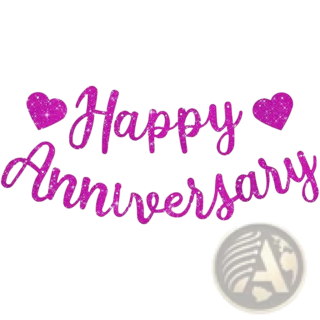 A sparkling pink glitter anniversary banner party decoration sign with happy anniversary text and heart-shaped accents