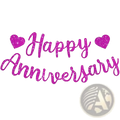A sparkling pink glitter anniversary banner party decoration sign with happy anniversary text and heart-shaped accents