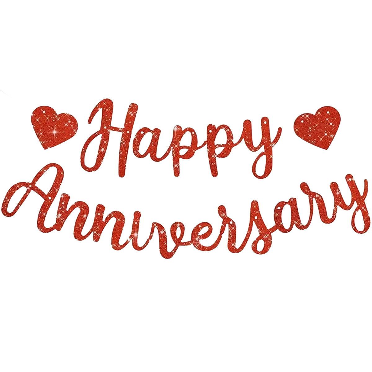 Red glittery anniversary banner with heart-shaped cutouts for party decoration and celebration signage