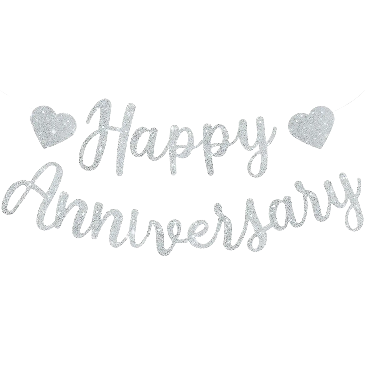 Silver glitter happy anniversary banner with heart-shaped cutouts for anniversary party decoration sign