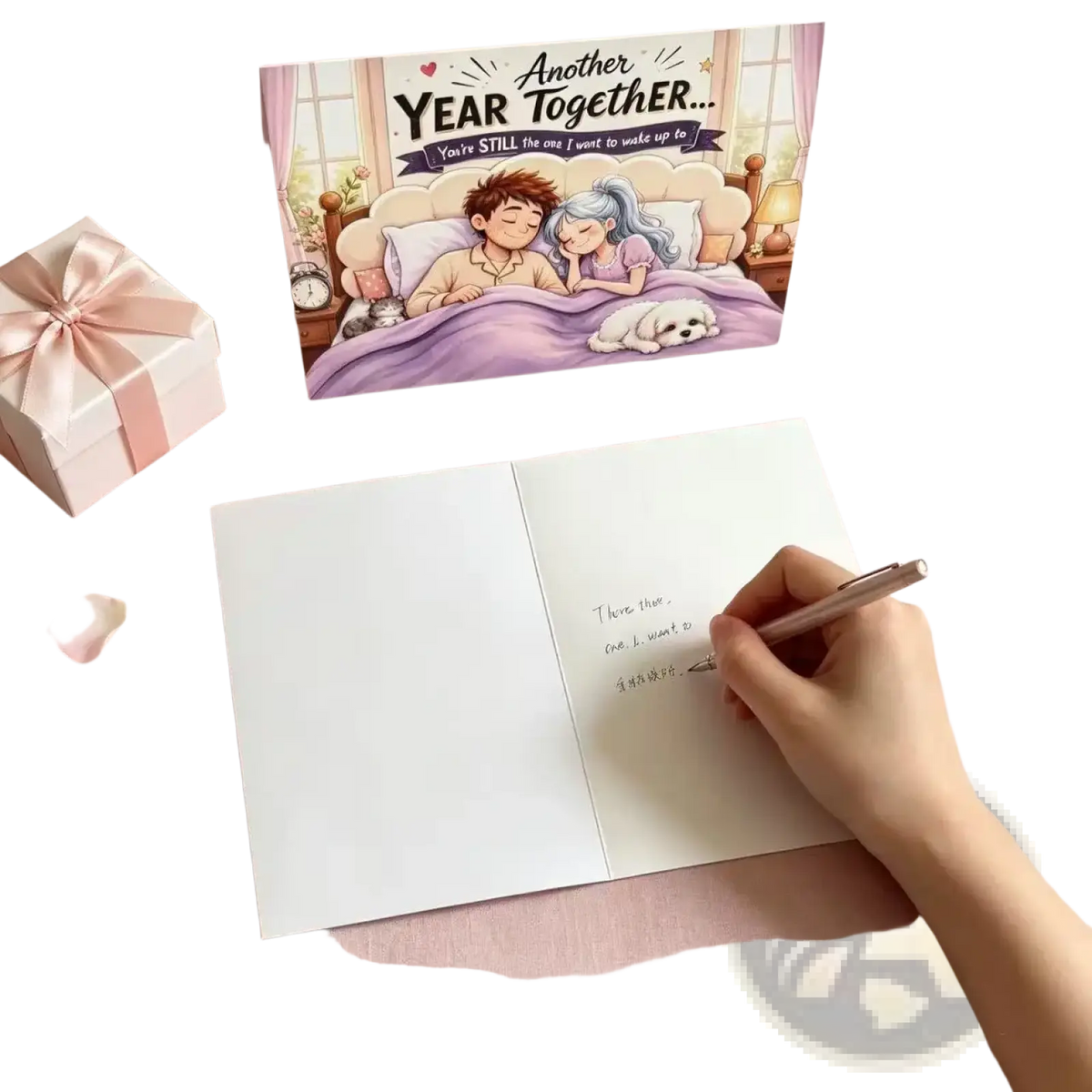 A hand writing a heartfelt message inside an open anniversary couple greeting card with another year together cover