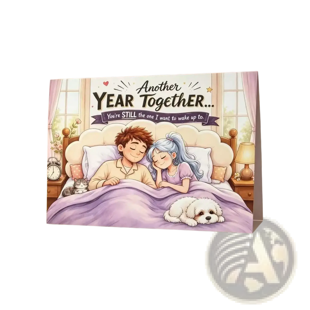 A soft lavender anniversary greeting card featuring an illustrated couple asleep in bed with a white dog and lamps