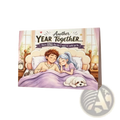 A soft lavender anniversary greeting card featuring an illustrated couple asleep in bed with a white dog and lamps