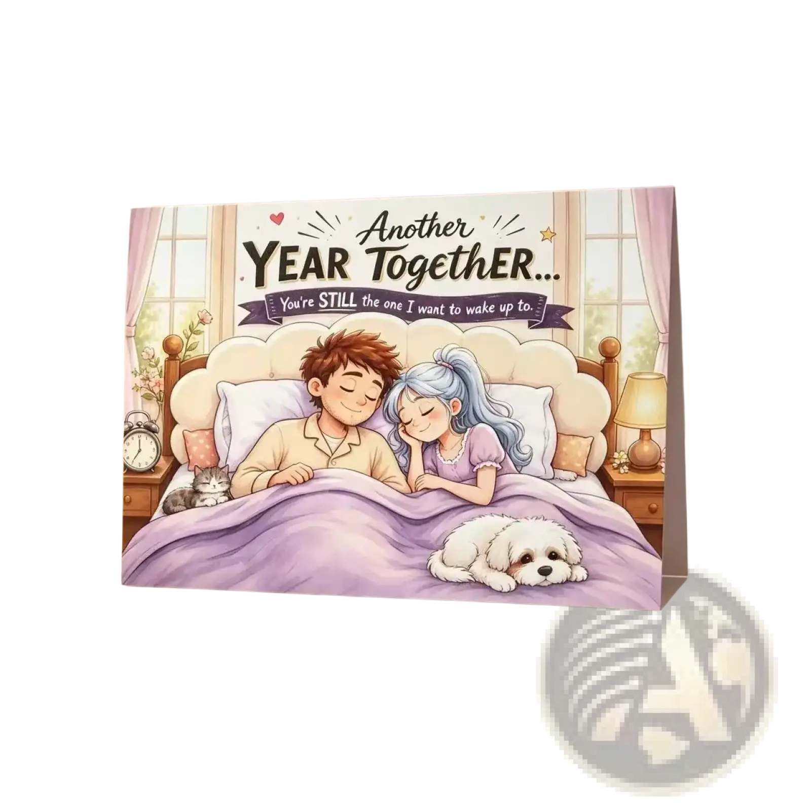 A soft lavender anniversary greeting card featuring an illustrated couple asleep in bed with a white dog and lamps