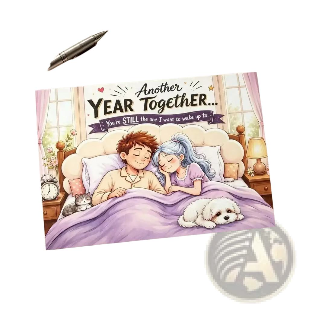 A soft pink and cream illustrated anniversary couple greeting card showing a couple asleep with a white dog and text