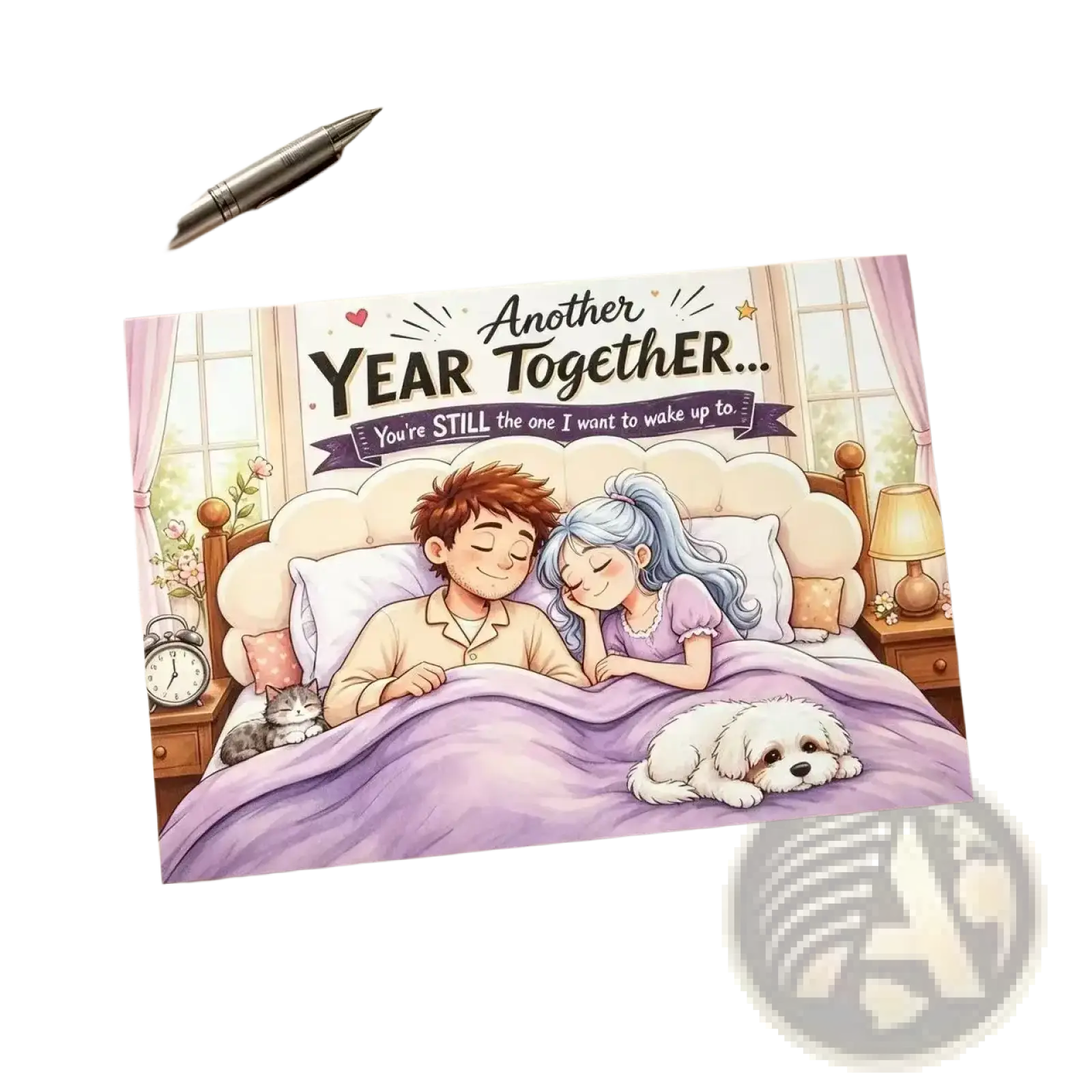 A soft pink and cream illustrated anniversary couple greeting card showing a couple asleep with a white dog and text