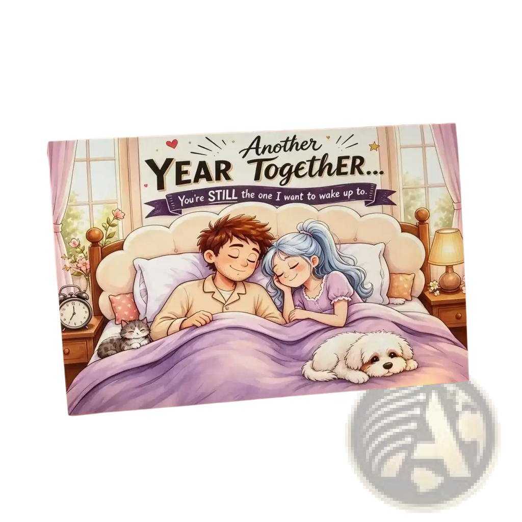 A soft pink anniversary couple greeting card featuring an illustrated couple asleep in bed with a cat and dog