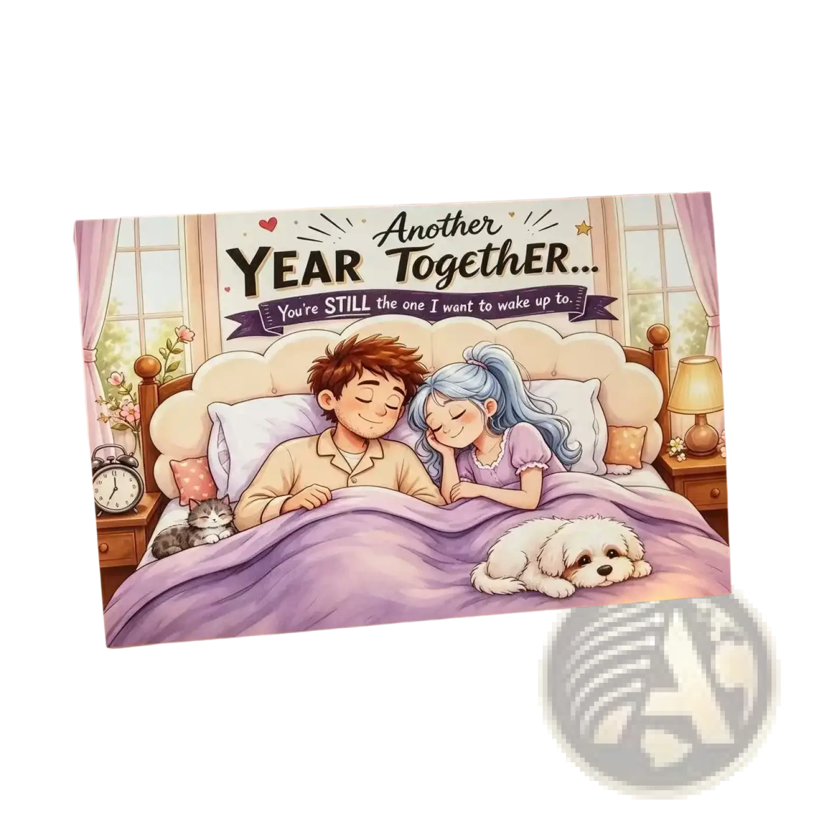 A soft pink anniversary couple greeting card featuring an illustrated couple asleep in bed with a cat and dog