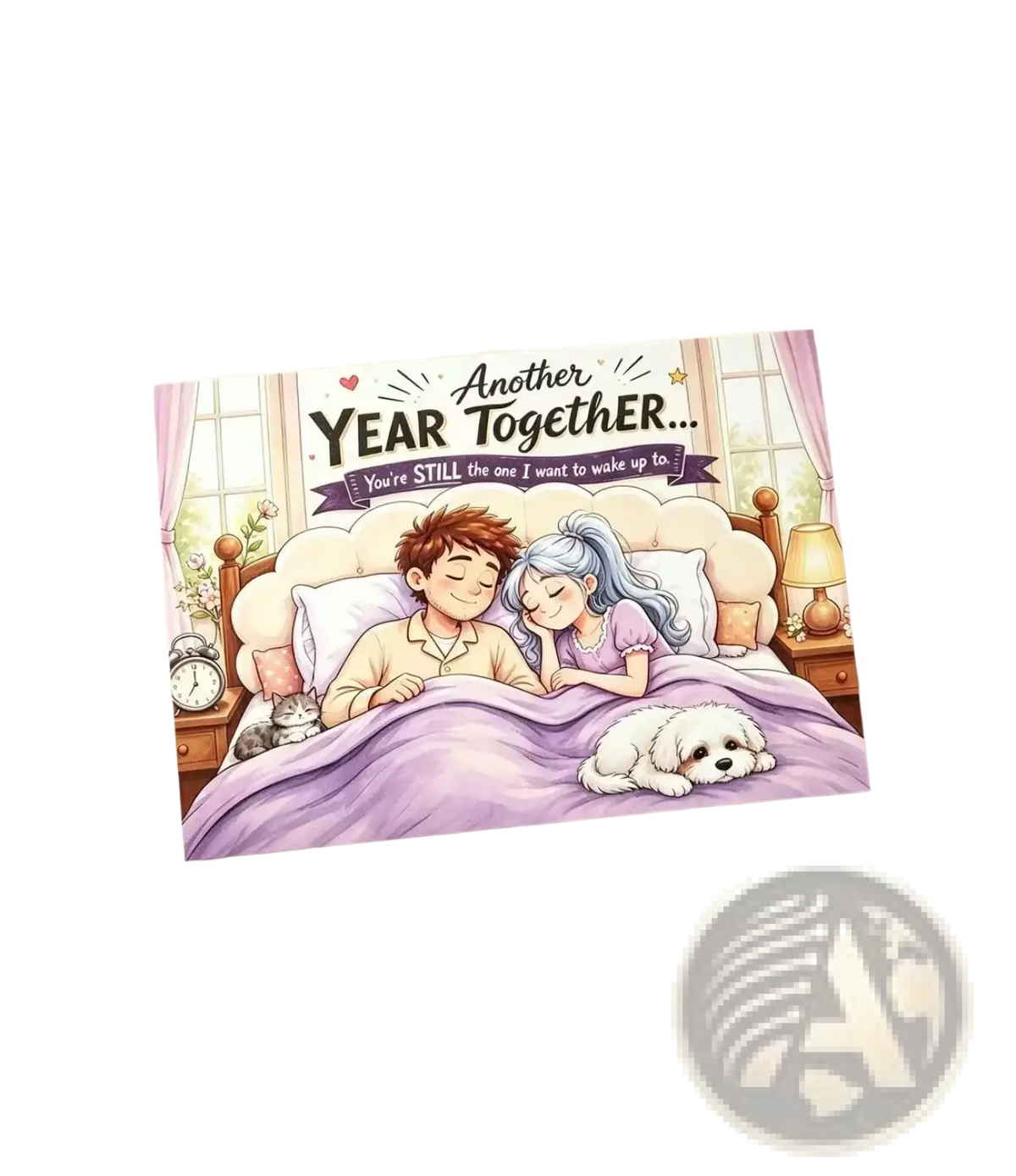 A soft purple illustrated anniversary greeting card featuring a couple asleep with a fluffy white dog and pink curtains