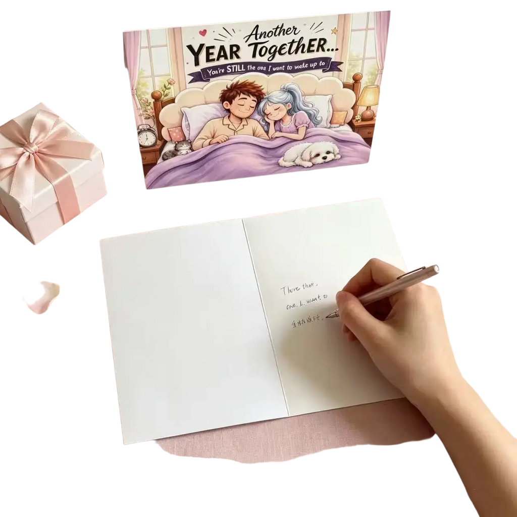 A hand writing a heartfelt message inside an open anniversary couple greeting card with another year together cover