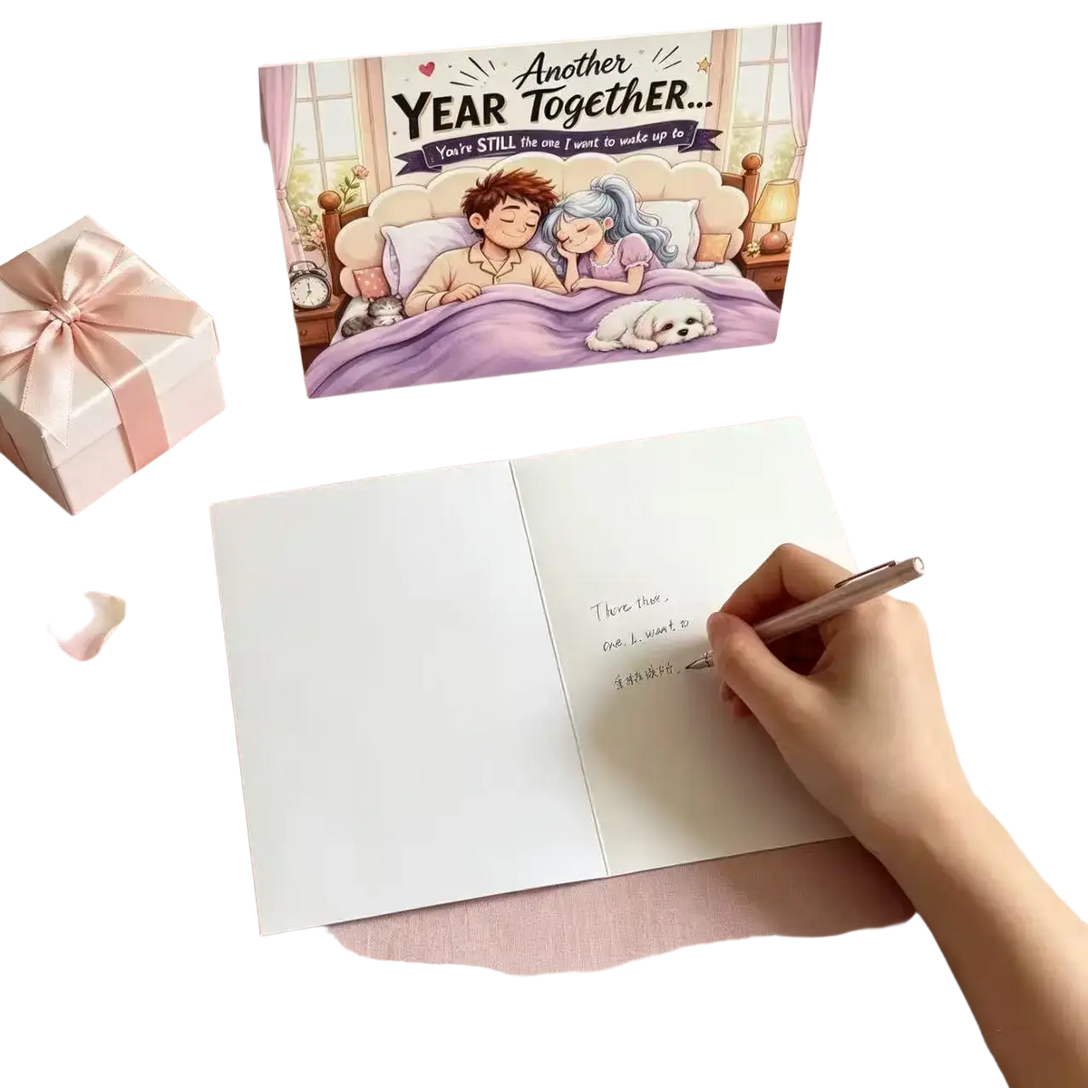 A hand writing a heartfelt message inside an open anniversary couple greeting card with another year together cover