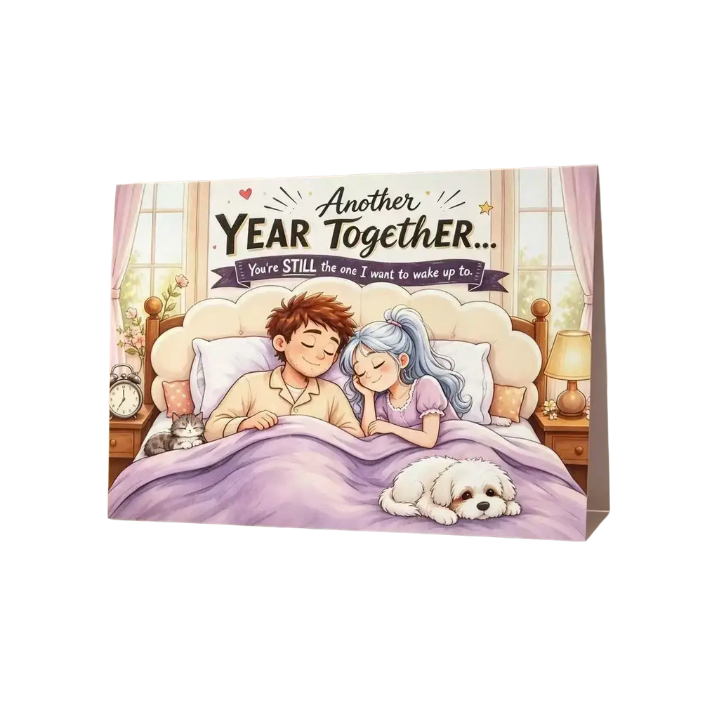 A soft lavender anniversary greeting card featuring an illustrated couple asleep in bed with a white dog and lamps