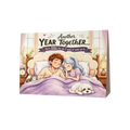 A soft lavender anniversary greeting card featuring an illustrated couple asleep in bed with a white dog and lamps