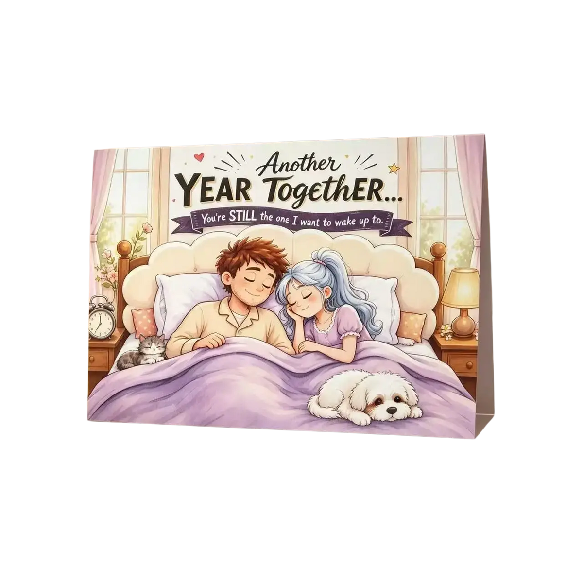 A soft lavender anniversary greeting card featuring an illustrated couple asleep in bed with a white dog and lamps