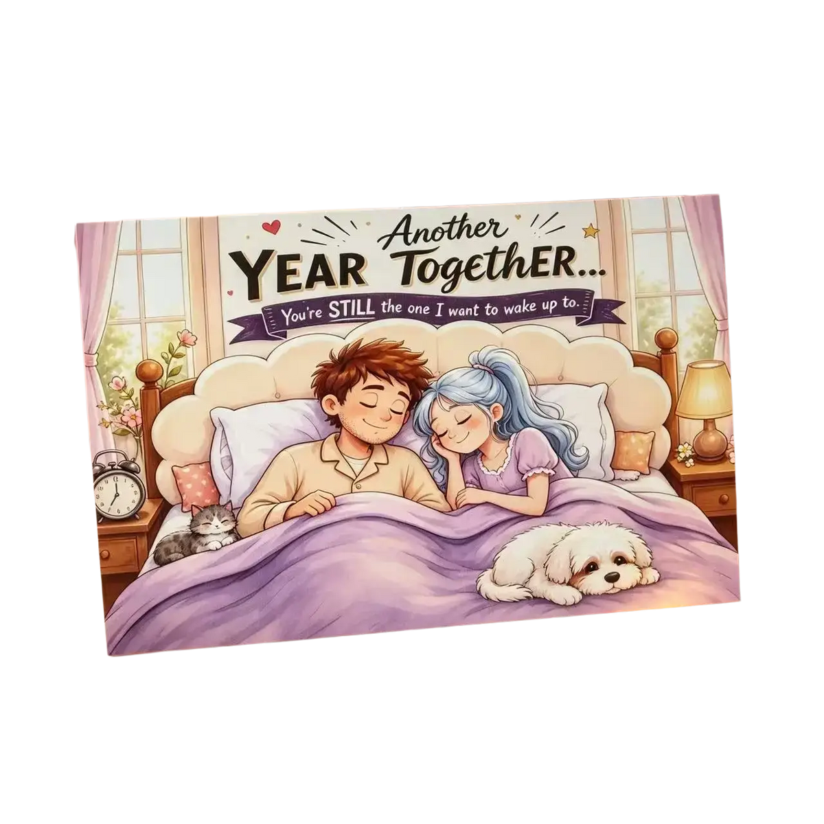 A soft pink anniversary couple greeting card featuring an illustrated couple asleep in bed with a cat and dog