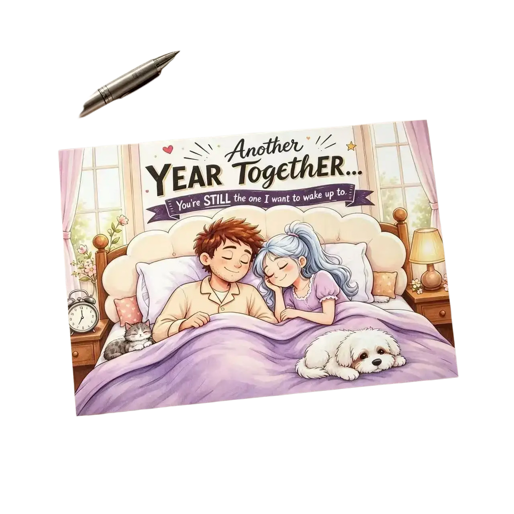 A soft pink and cream illustrated anniversary couple greeting card showing a couple asleep with a white dog and text