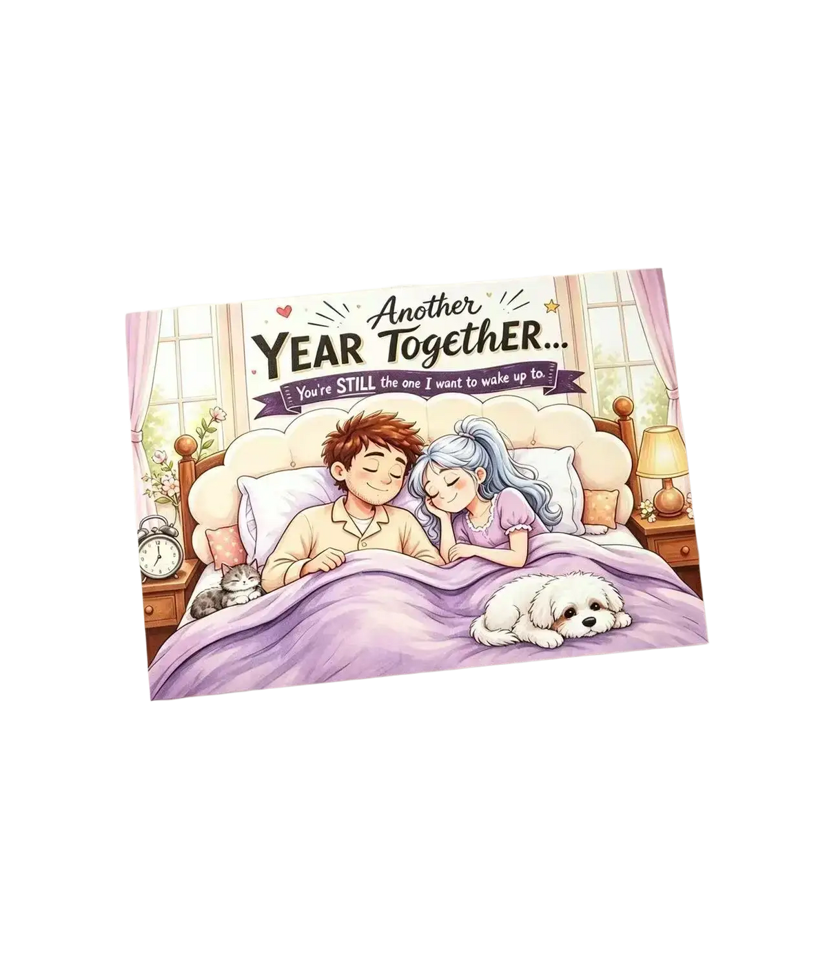 A soft purple illustrated anniversary greeting card featuring a couple asleep with a fluffy white dog and pink curtains