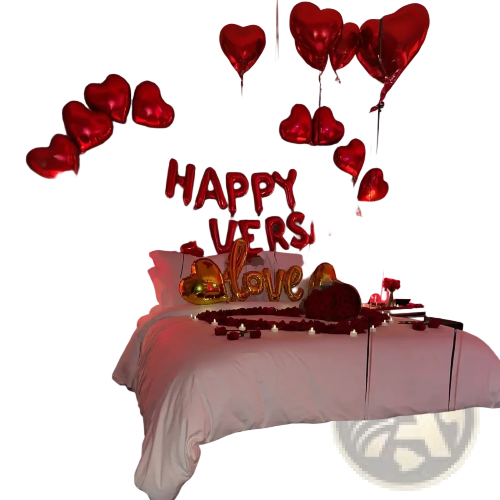 Red metallic heart-shaped balloons and happy anniversary love balloon letters decorating a bed for anniversary celebration