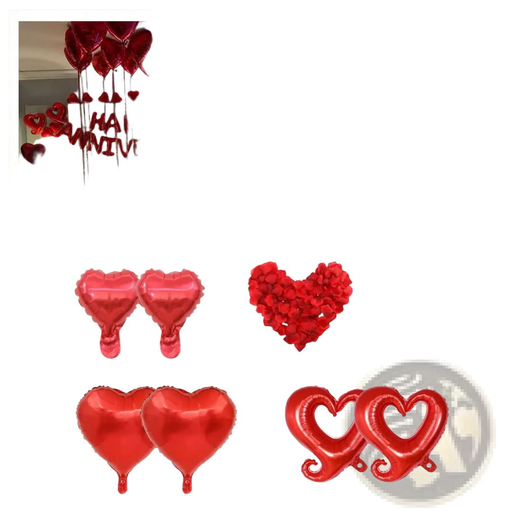 Anniversary decoration set with red heart-shaped foil balloons in solid and hollow designs and rose petals