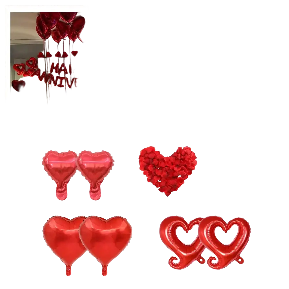 Anniversary decoration set with red heart-shaped foil balloons in solid and hollow designs and rose petals