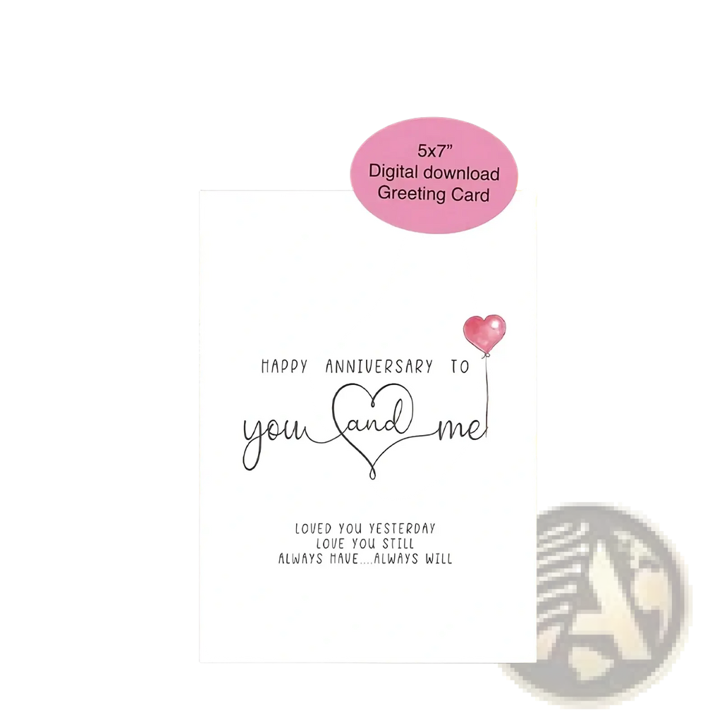 White digital download anniversary greeting card with pink heart balloon and elegant black cursive text message
